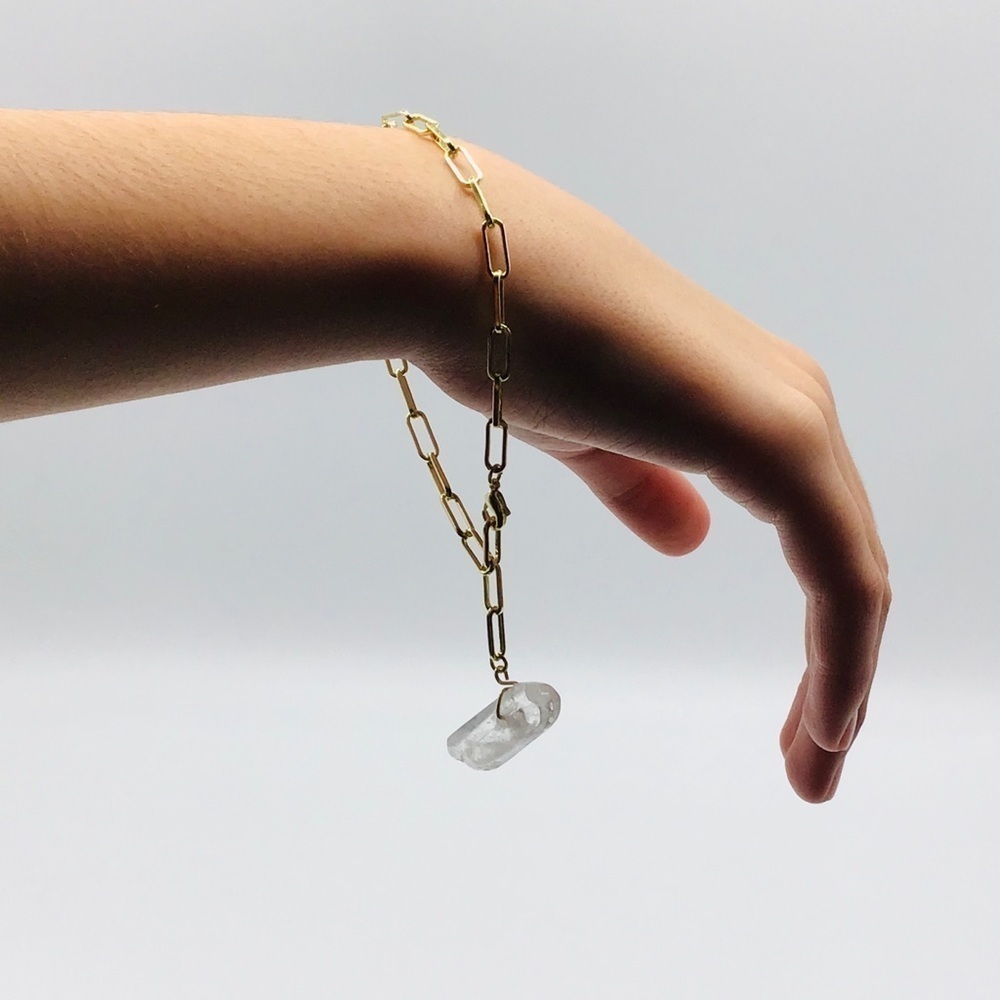 PAPER Clip Bracelet Boho Clear Quartz Crystal Point 14k Yellow Gold Plated Chain